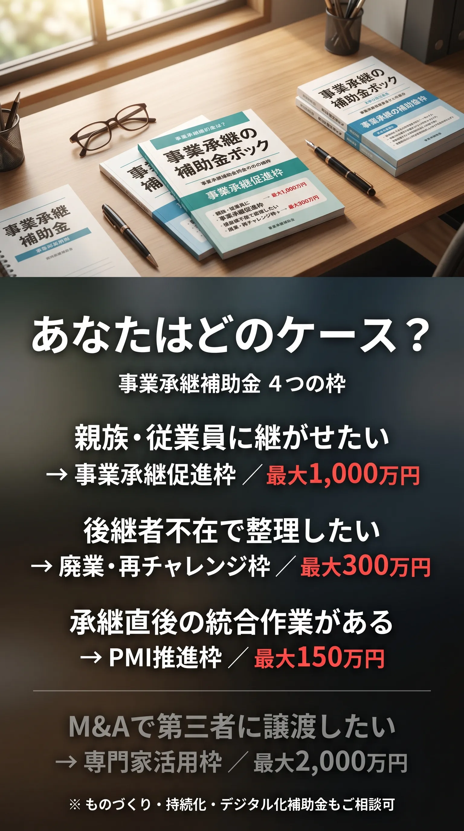 あなたはどのケース？事業承継補助金4つの枠。親族・従業員に継がせたい=事業承継促進枠 最大1,000万円、後継者不在で整理したい=廃業・再チャレンジ枠 最大300万円、承継直後の統合作業=PMI推進枠 最大150万円、M&Aで第三者に譲渡したい=専門家活用枠 最大2,000万円